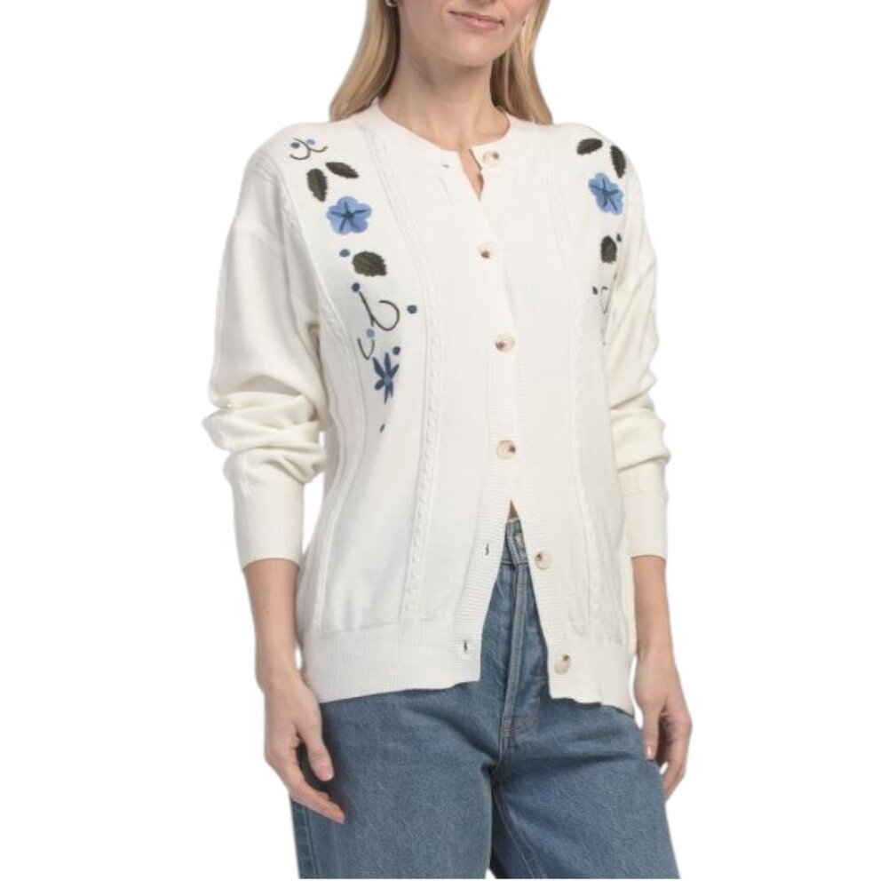 NANCY YANG Floral Crew Neck Cardigan